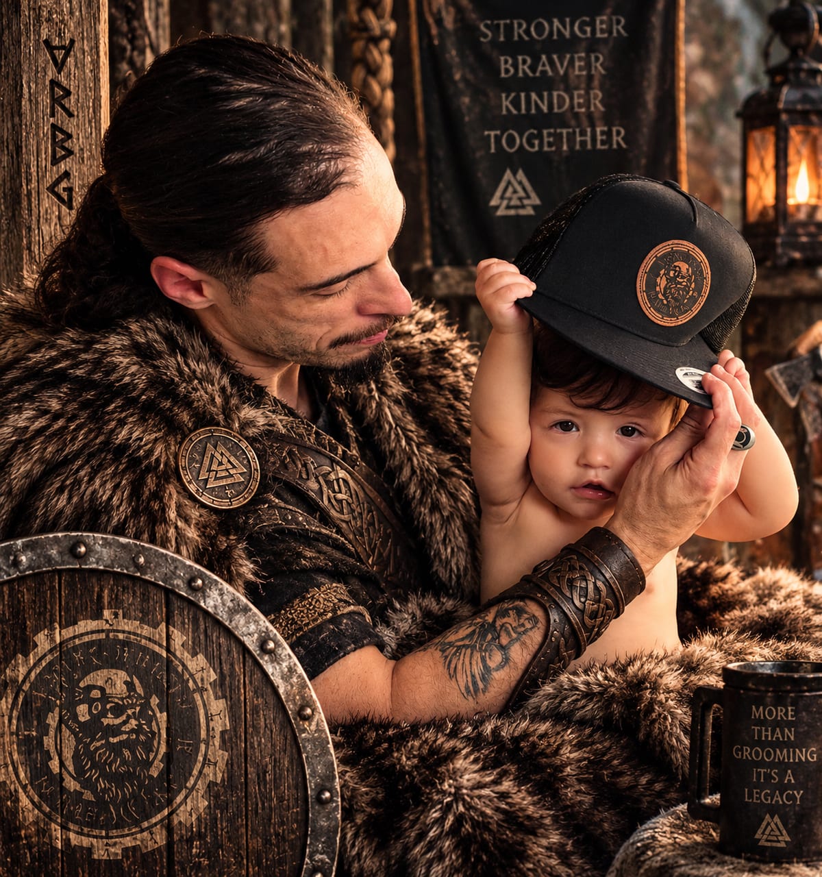 Chase of Viking Recon Beard Gear holding his child in Viking gear beside a Stronger Braver Kinder Together banner, branded hat, shield, and More Than Grooming mug.